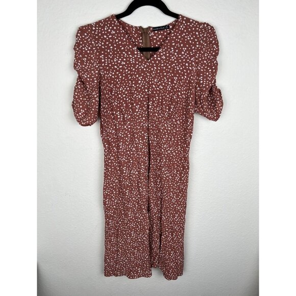 Abercrombie & Fitch Womens V-Neck Spotted Boho Midi Dress Mauve Ruched Sleeve XL - Picture 1 of 11